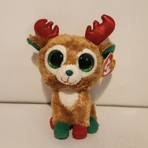 6” Ty Alpine Reindeer Plush Christmas Themed Red Antlers and Green Eyes